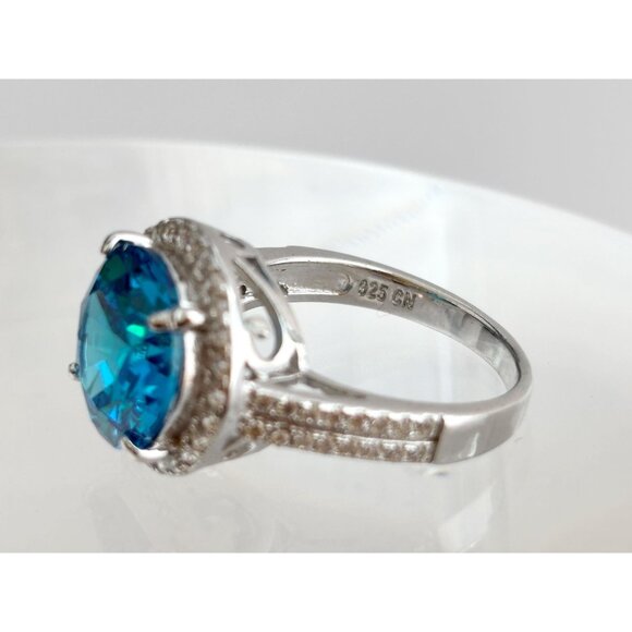 Blue Topaz Semi-Precious Round Cut Halo 925 Sterling Silver Vintage Ring - sz 8 - Picture 9 of 10